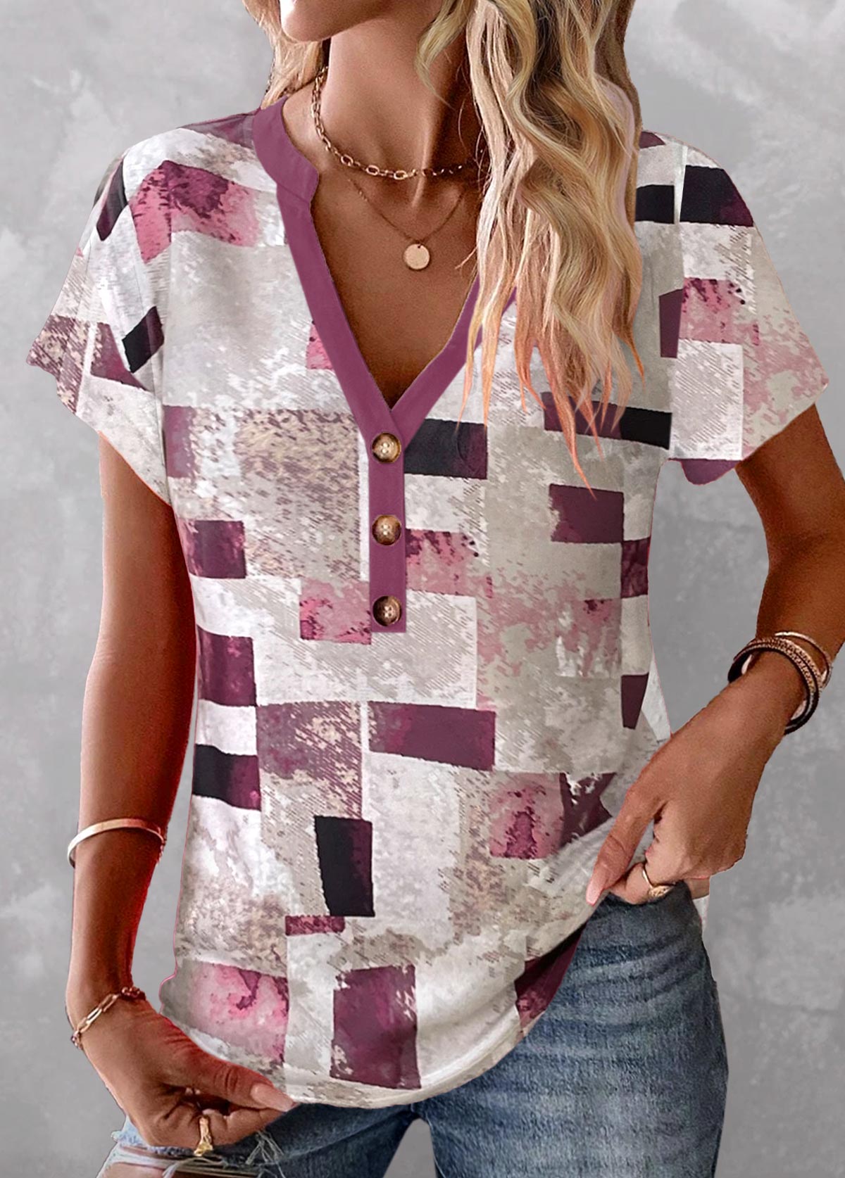 Modlily Multi Color Button Geometric Print T Shirt - S