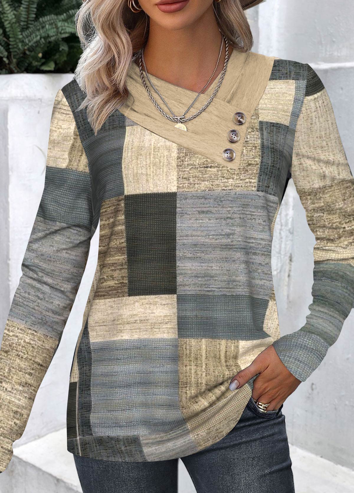 Modlily Multi Color Button Geometric Print V Neck T Shirt - L