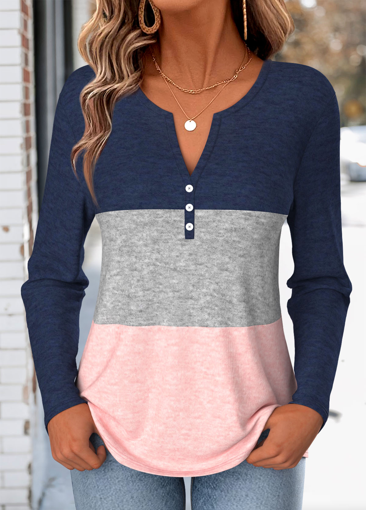 Modlily Multi Color Button Long Sleeve Split Neck T Shirt - S