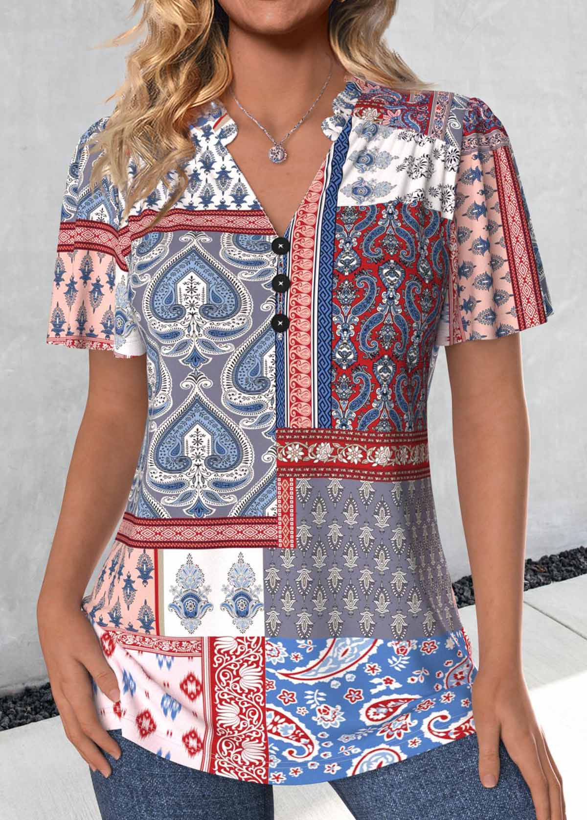 Modlily Multi Color Button Patchwork Short Sleeve V Neck Blouse - M
