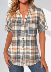 Modlily Multi Color Button Plaid Short Sleeve Shirt Collar Blouse - S