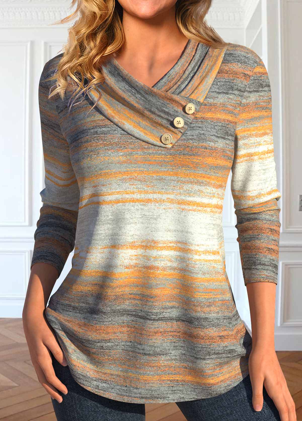 Modlily Multi Color Button Striped Long Sleeve T Shirt - M