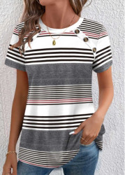 Modlily Multi Color Button Striped Short Sleeve T Shirt - M