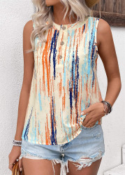Modlily Multi Color Button Striped Sleeveless Round Neck Tank Top - XL