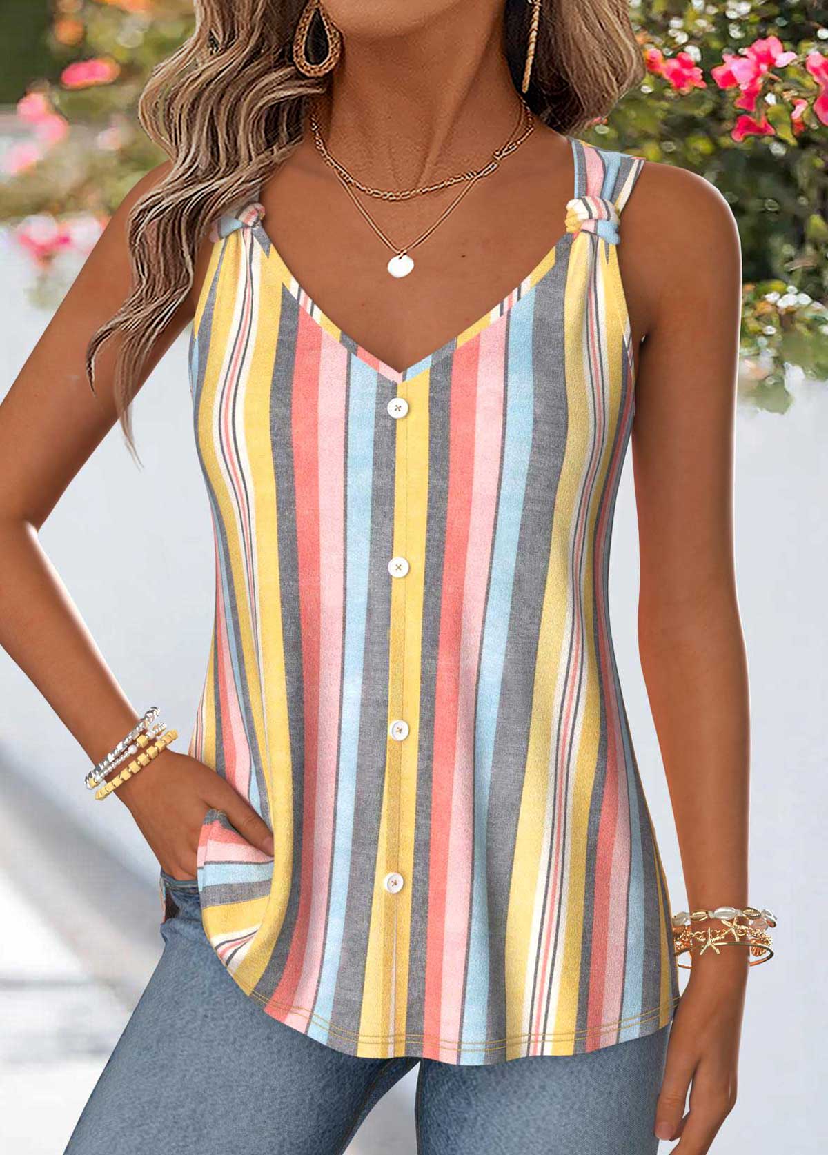 Modlily Multi Color Curved Hem Sleeveless V Neck Tank Top - S