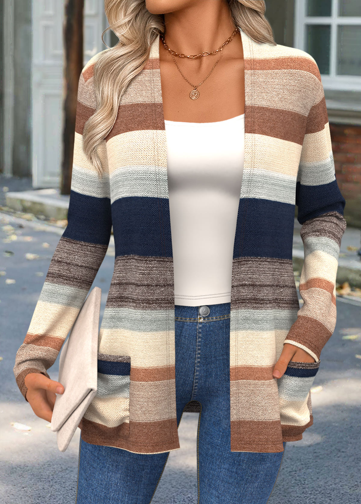 Modlily Multi Color Curved Hem Striped Long Sleeve Knit Cardigan - XL