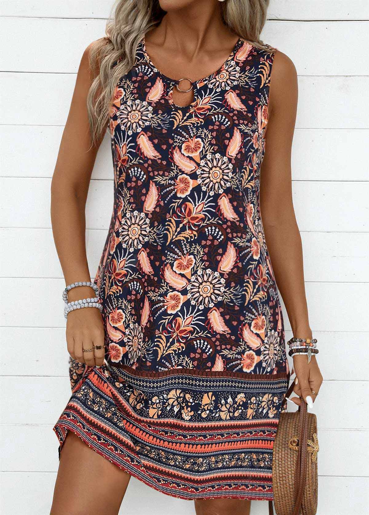 Modlily Multi Color Cut Out Plants Print A Line Dress - L