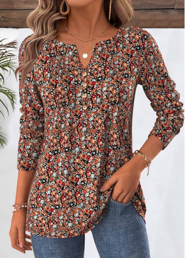 Modlily Multi Color Ditsy Floral Print Long Sleeve T Shirt - S