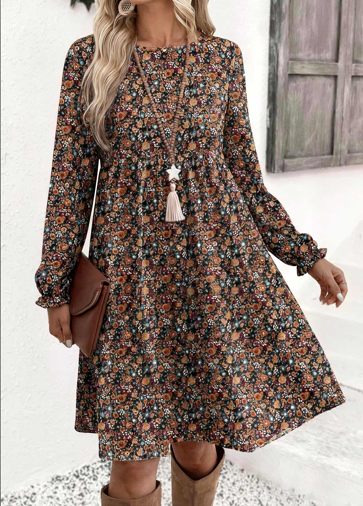 Modlily Multi Color Ditsy Floral Print Short Long Sleeve Dress - M