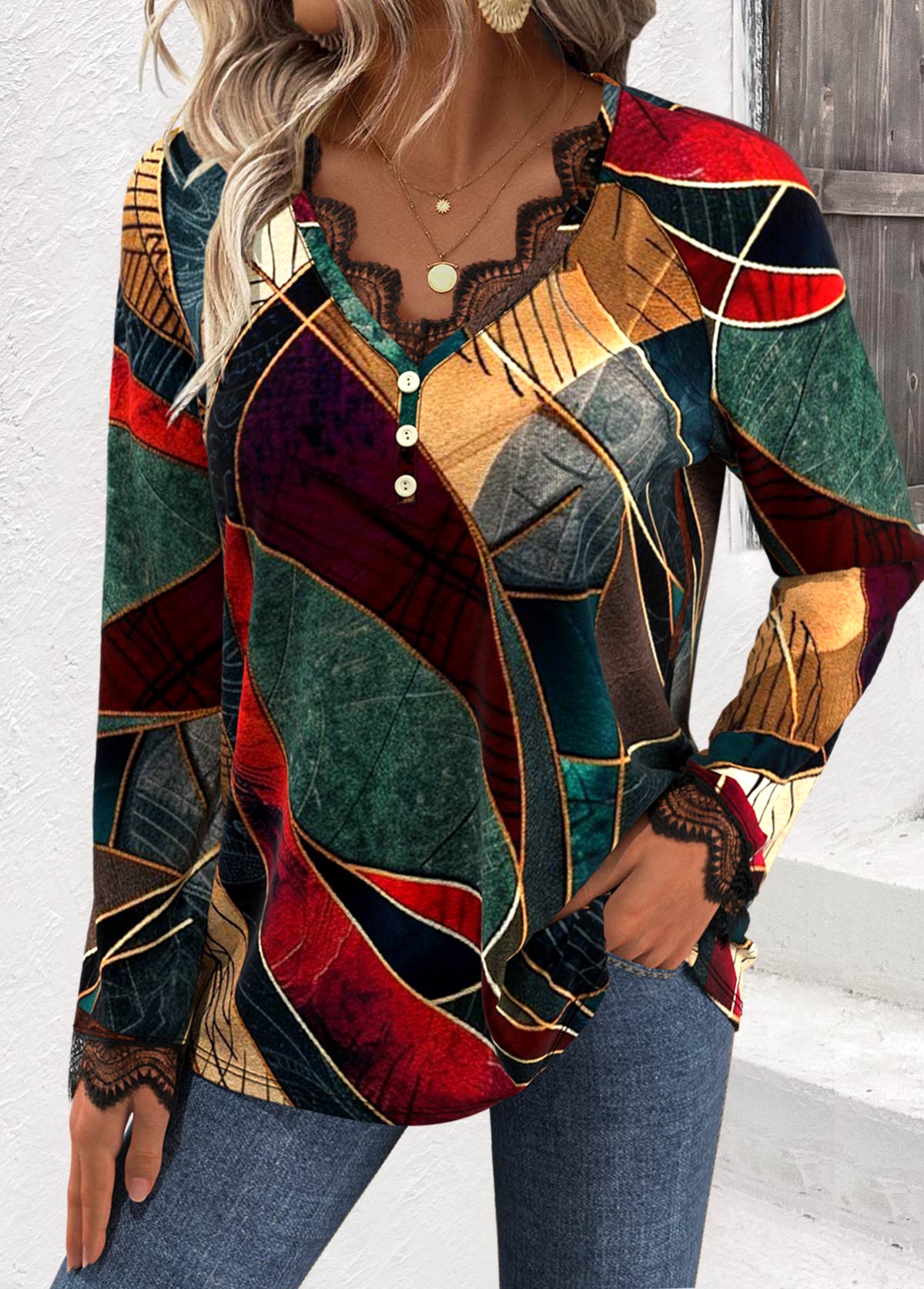 Modlily Multi Color Embroidery Geometric Print Long Sleeve T Shirt - L