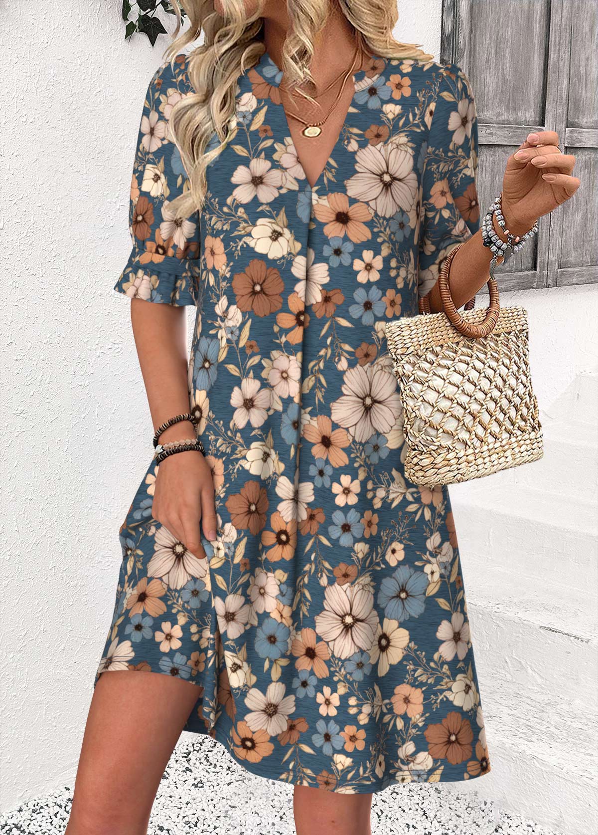 Modlily Multi Color Floral Print Half Sleeve Split Neck Dress - S