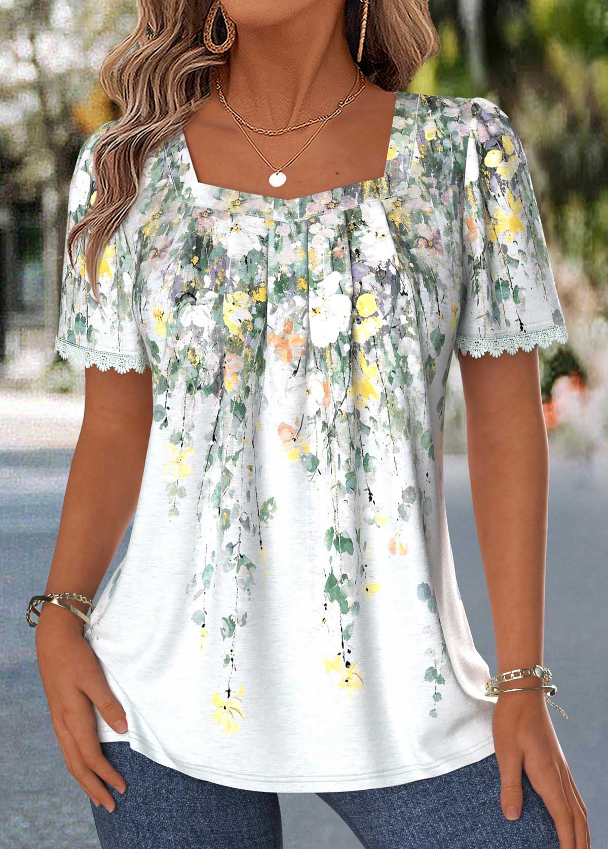 Modlily Multi Color Floral Print Pleated Short Sleeve Blouse - L