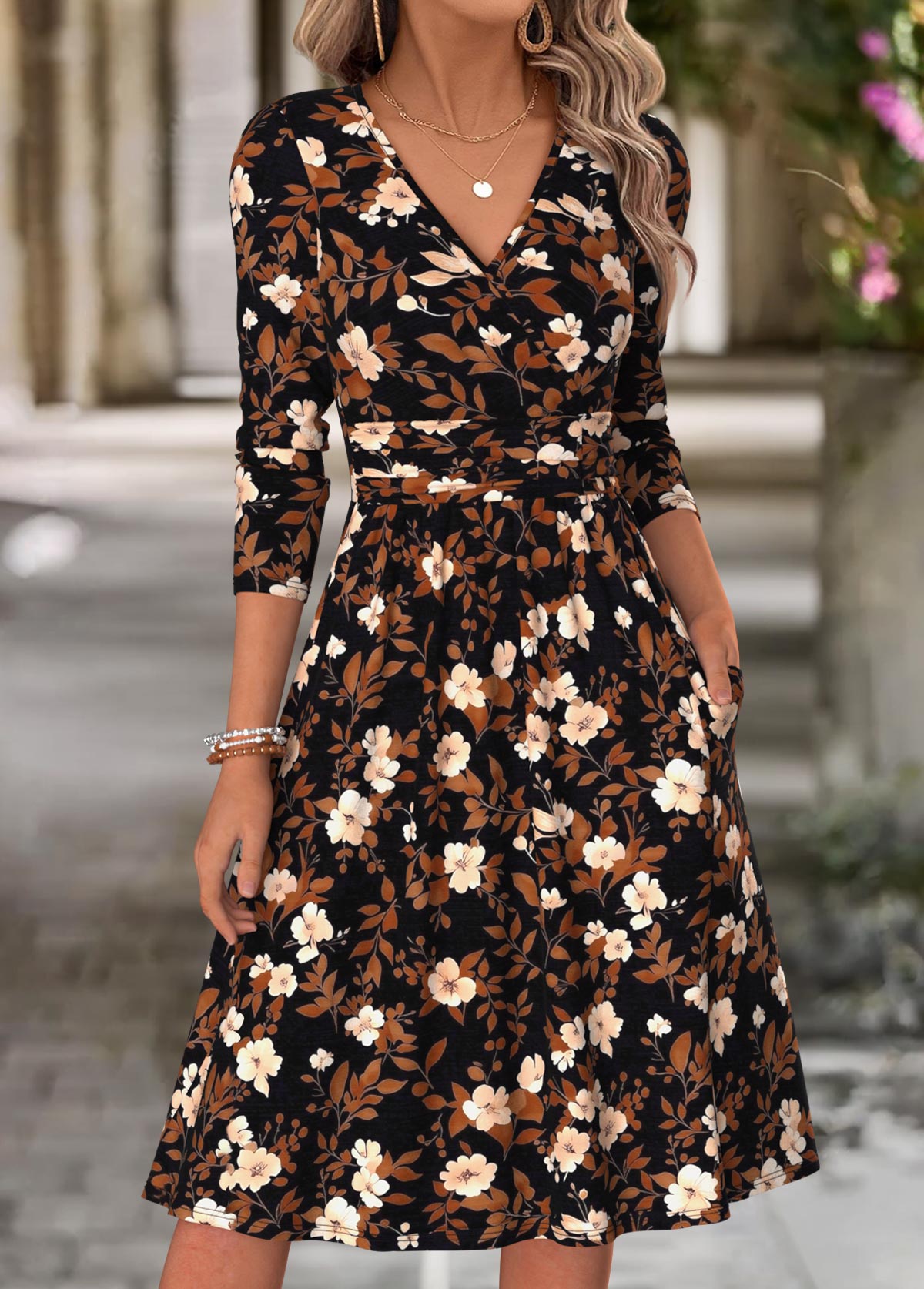 Modlily Multi Color Floral Print Surplice Long Sleeve Dress - S