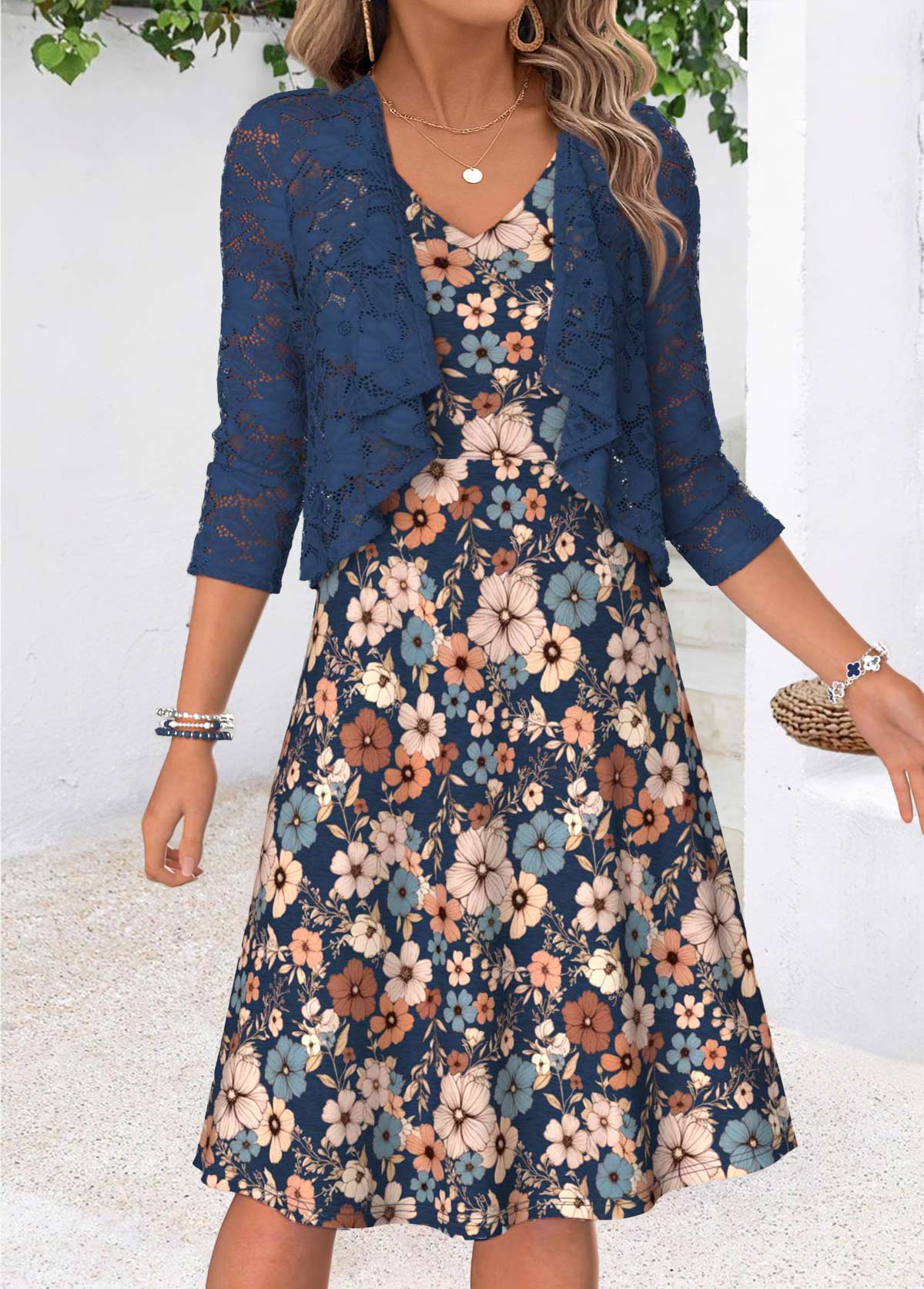 Modlily Multi Color Floral Print Two-piece Dress and Cardigan - S
