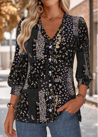 Modlily Multi Color Frill Ditsy Floral Print 3/4 Sleeve Blouse - M