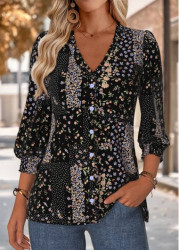Modlily Multi Color Frill Ditsy Floral Print 3/4 Sleeve Blouse - M