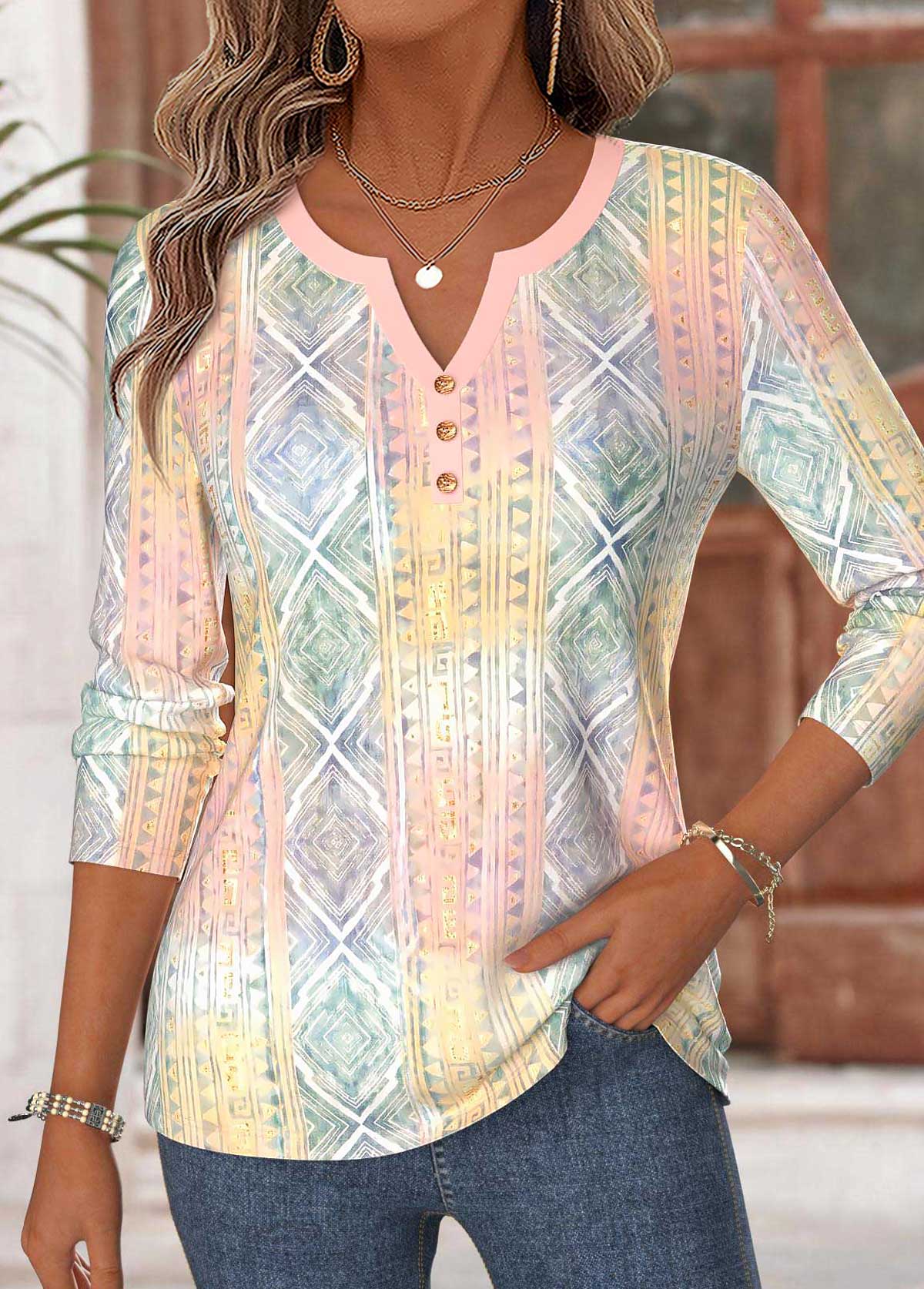Modlily Multi Color Geometric Curved Hem Split Neck T Shirt - M