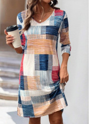Modlily Multi Color Geometric Print A Line Long Sleeve Dress - M