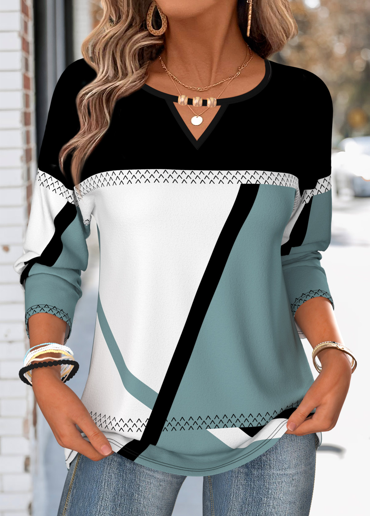 Modlily Multi Color Geometric Print Beaded Long Sleeve T Shirt - S