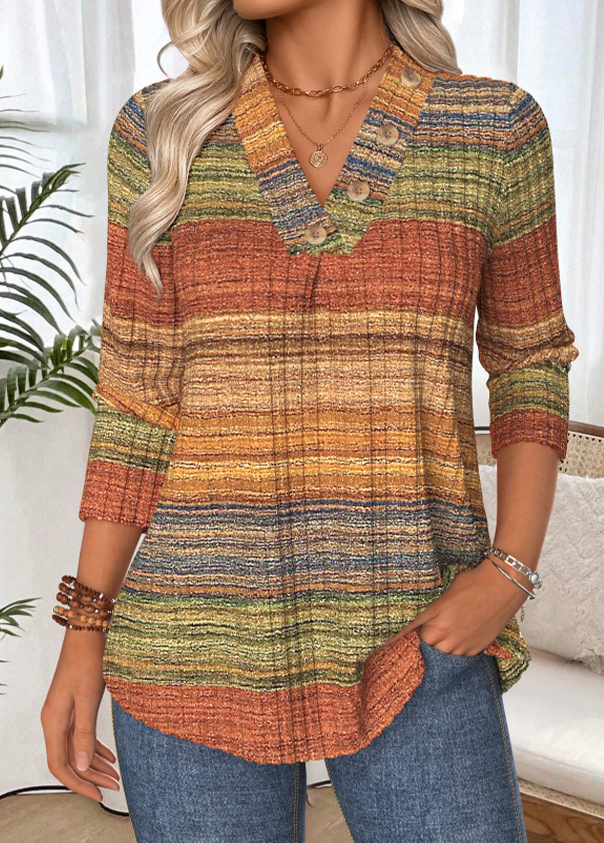 Modlily Multi Color Geometric Print Cross Collar T Shirt - S