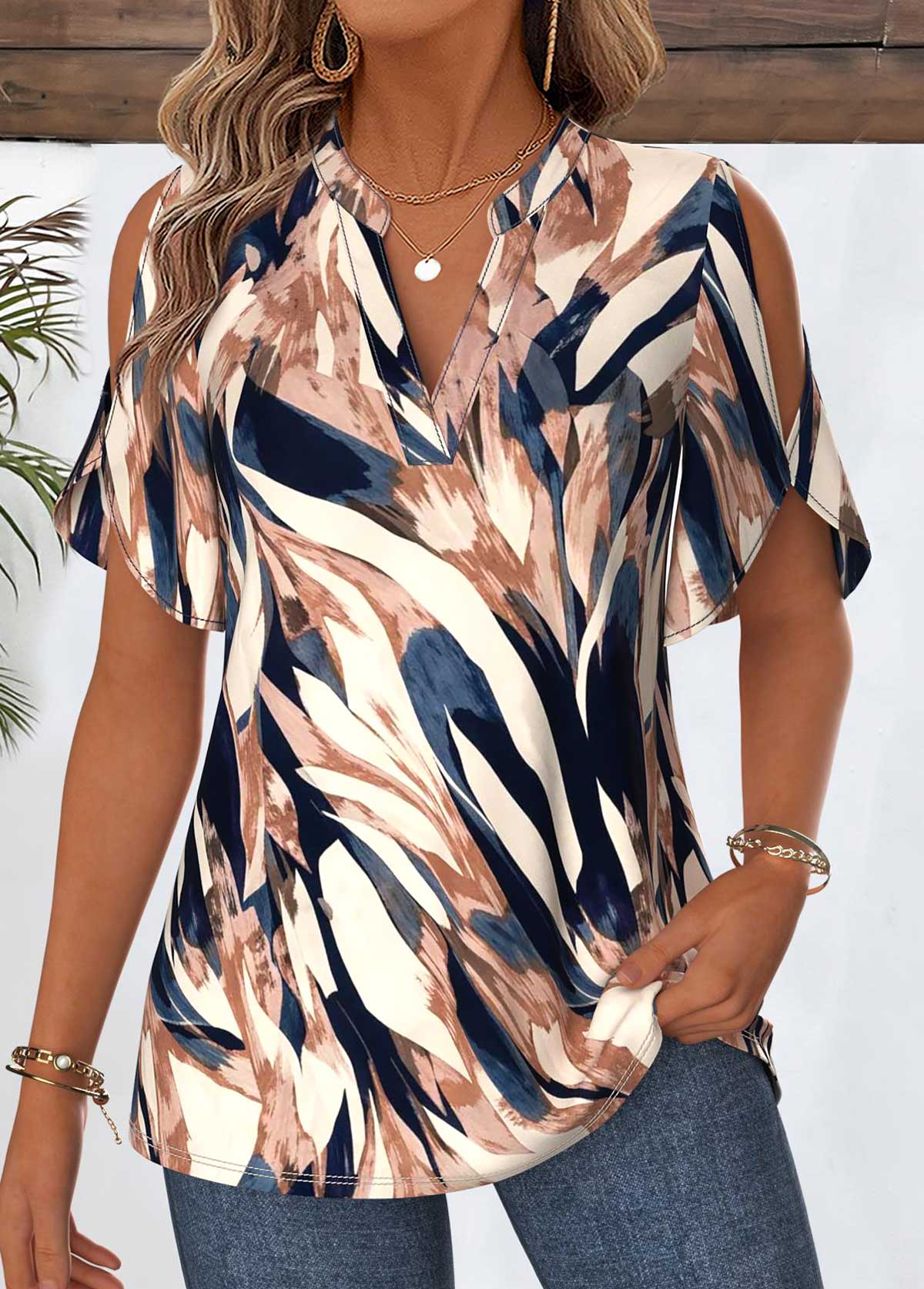 Modlily Multi Color Geometric Print Curved Hem Half Sleeve Blouse - XL