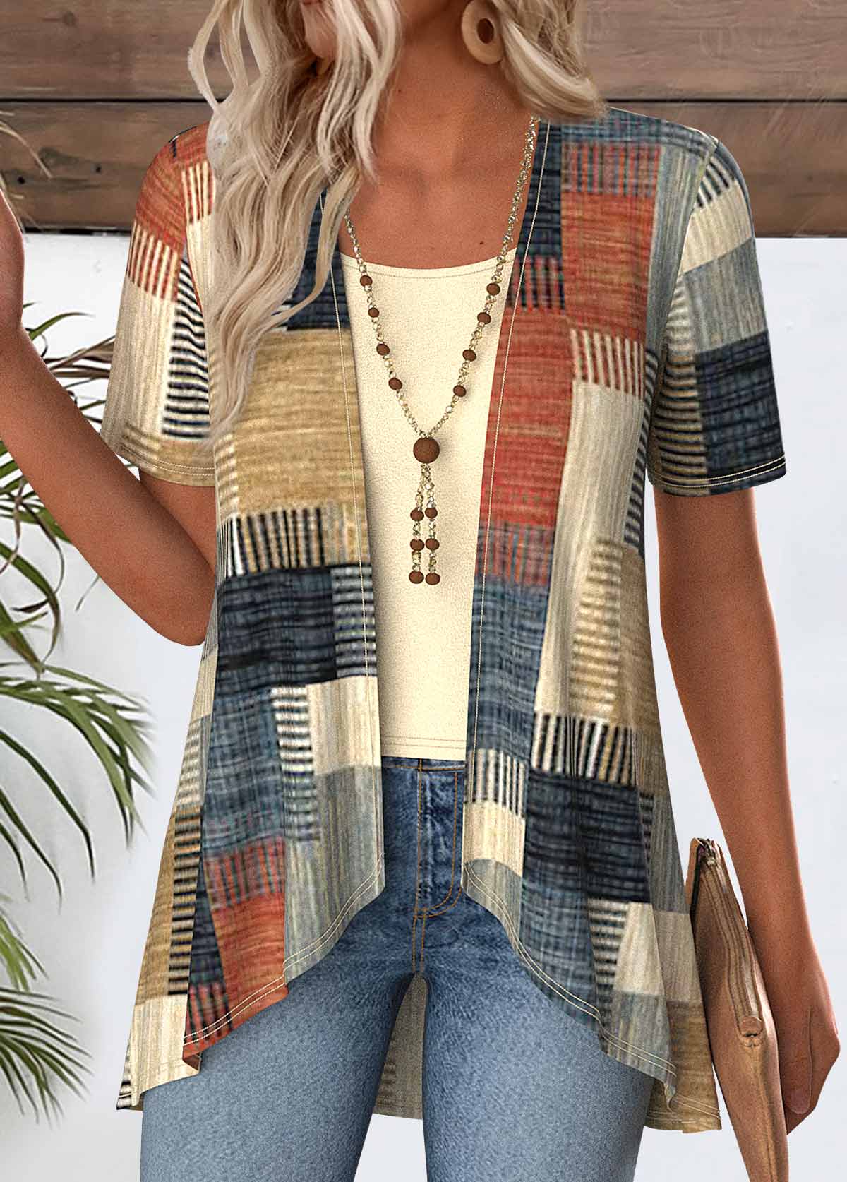 Modlily Multi Color Geometric Print Fake Two Piece Twinset - S