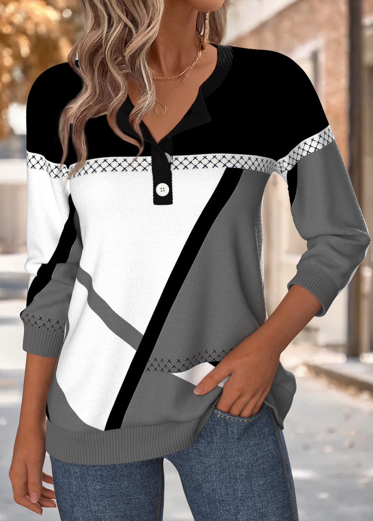 Modlily Multi Color Geometric Print Long Sleeve Round Neck Sweatshirt - M