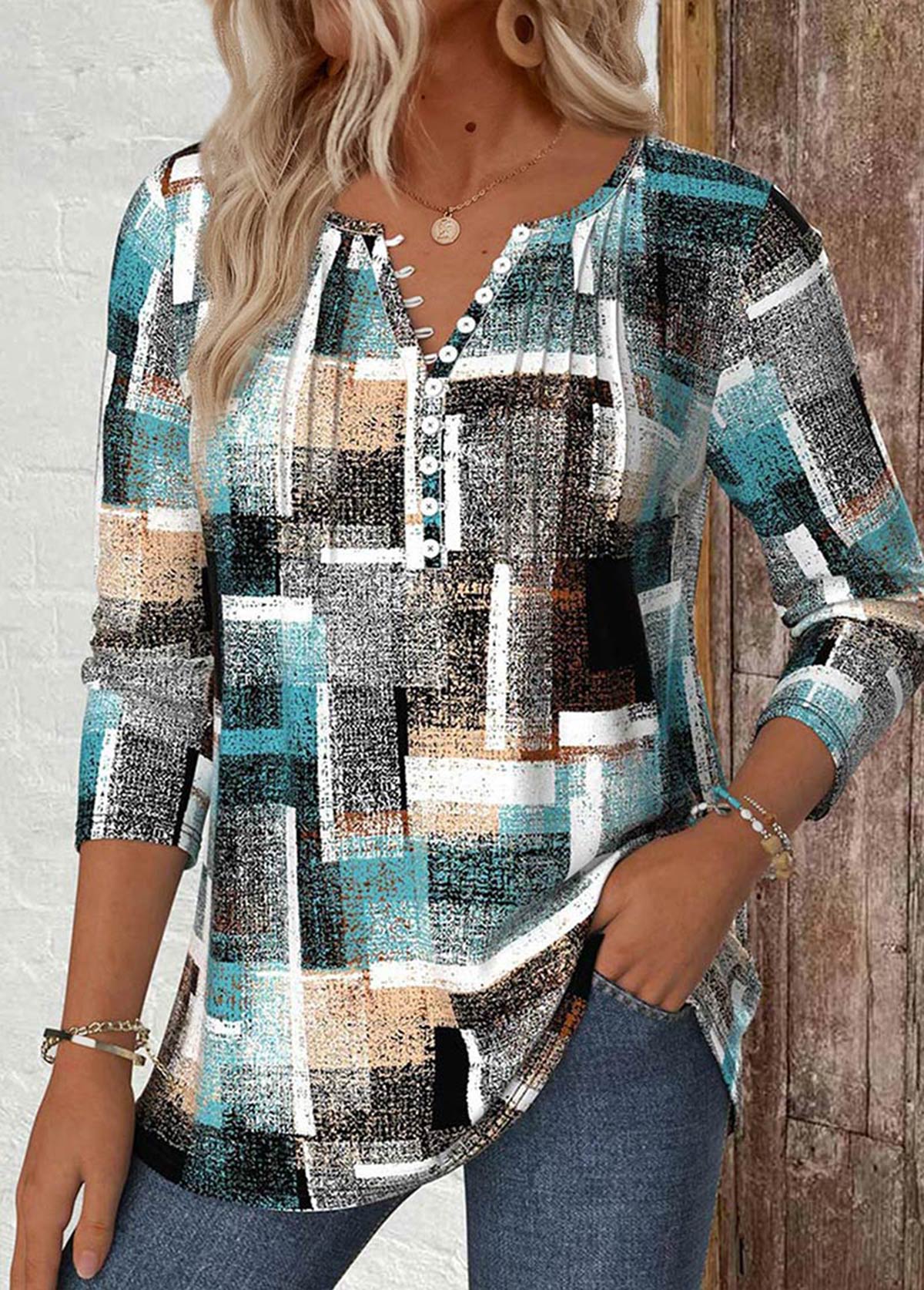 Modlily Multi Color Geometric Print Long Sleeve T Shirt - S