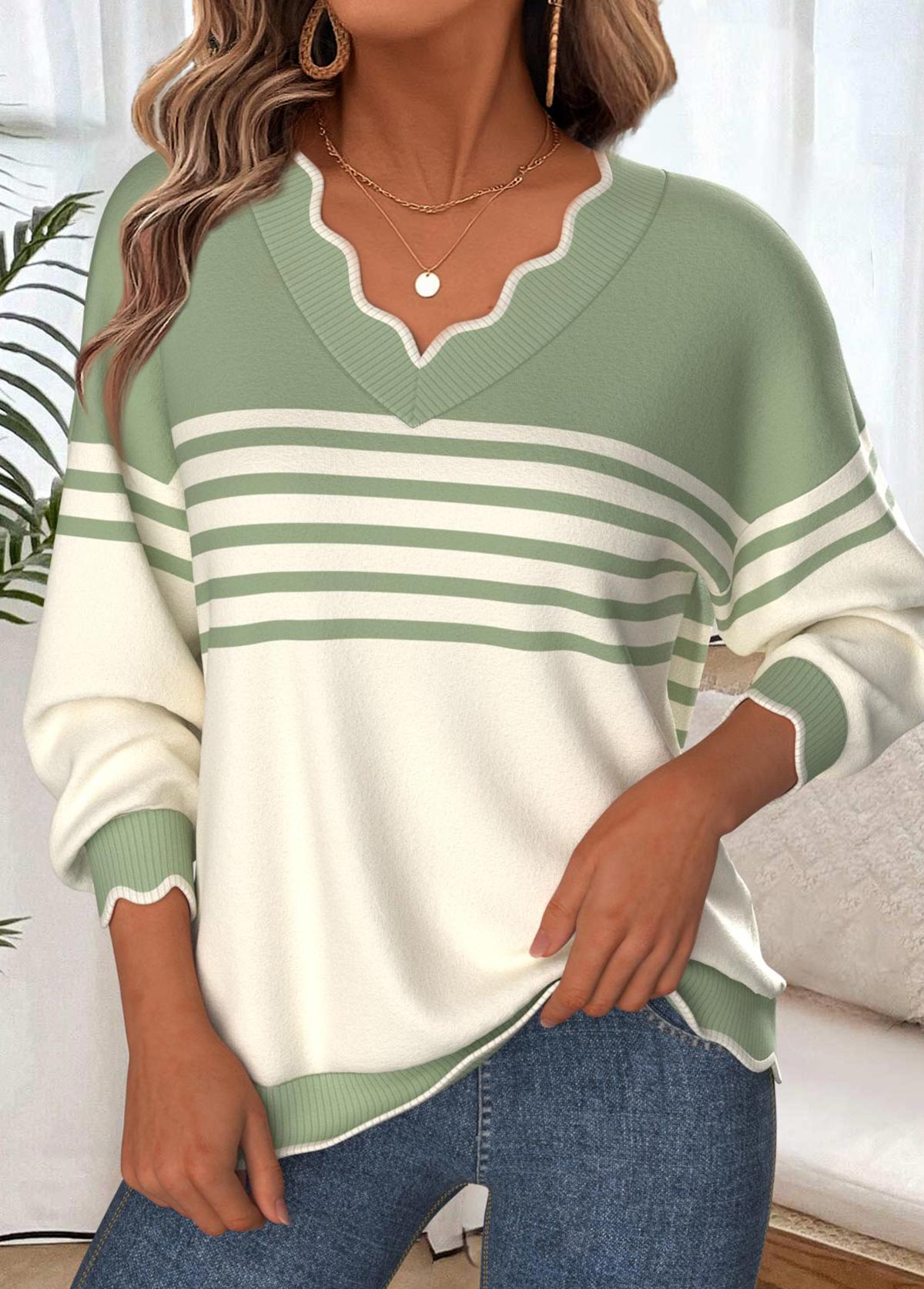 Modlily Multi Color Geometric Print Long Sleeve V Neck Sweatshirt - M