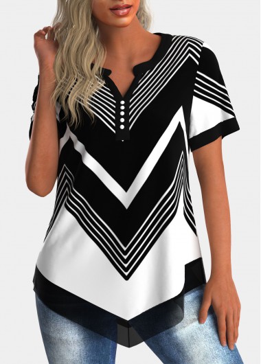 Modlily Multi Color Geometric Print Short Sleeve Split Neck Blouse - S