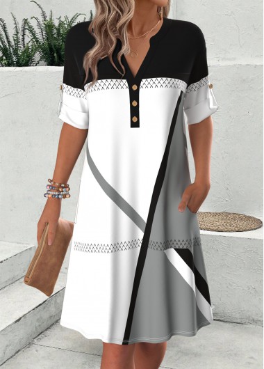 Modlily Multi Color Geometric Print Short Sleeve Split Neck Dress - S