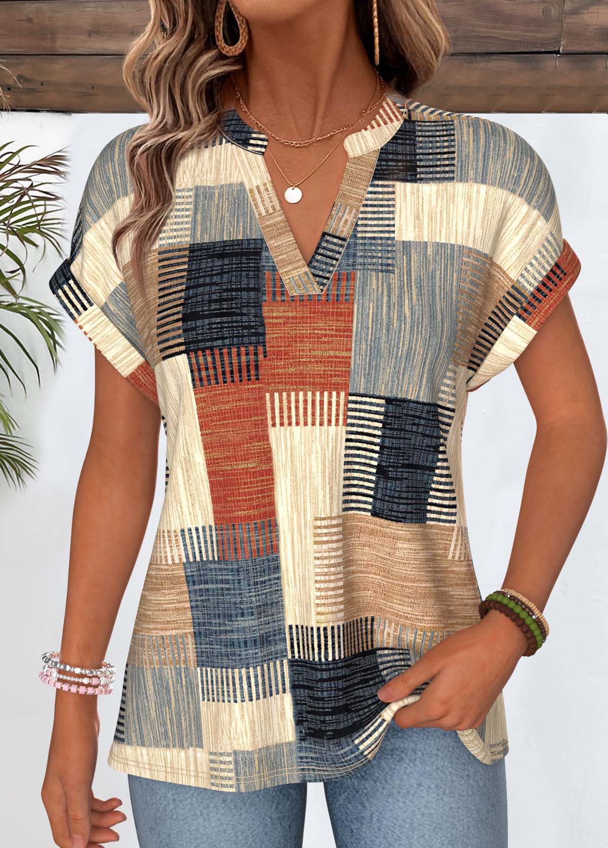 Modlily Multi Color Geometric Print Short Sleeve T Shirt - S