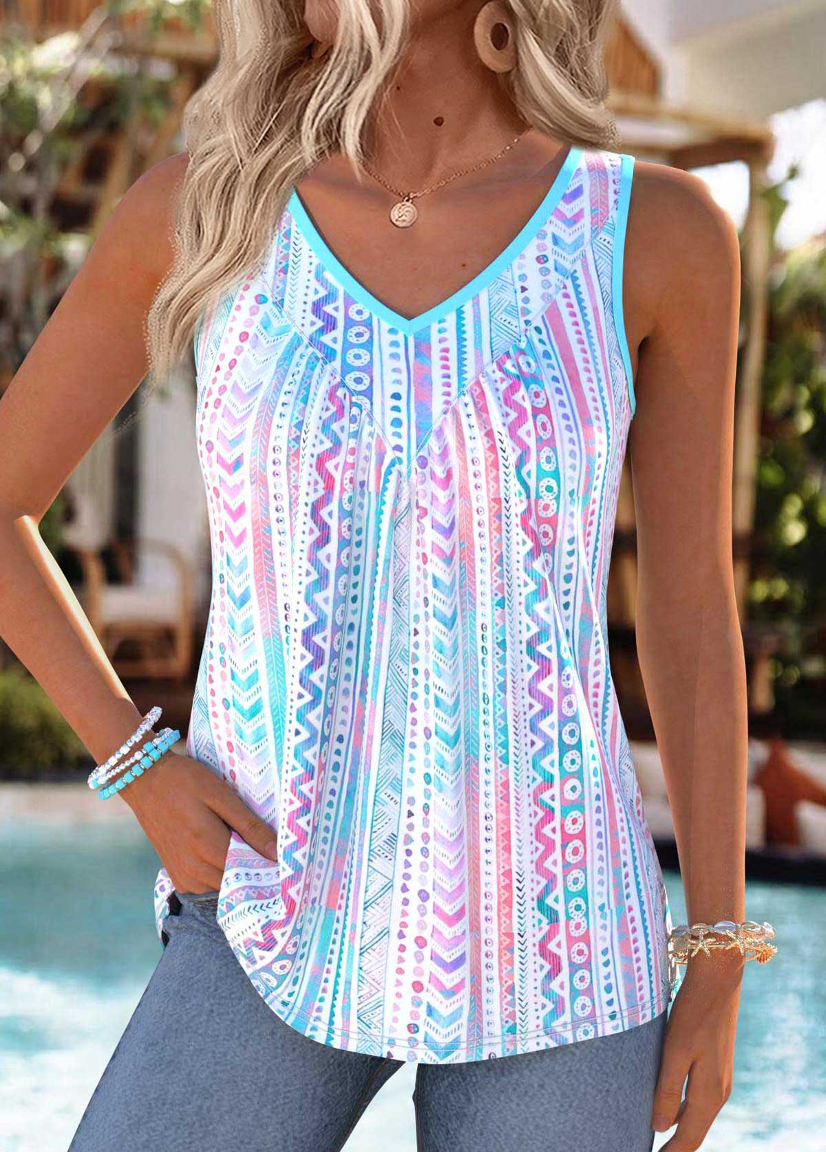 Modlily Multi Color Geometric Print Sleeveless Tank V Neck Top - M