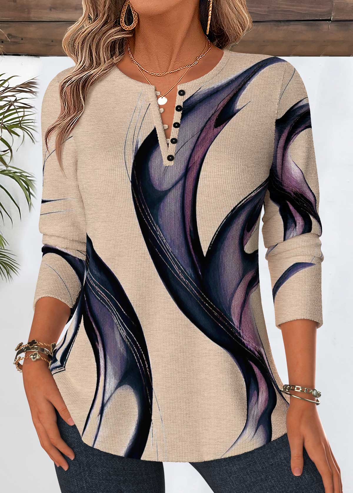 Modlily Multi Color Geometric Print Tummy Coverage Button T Shirt - S