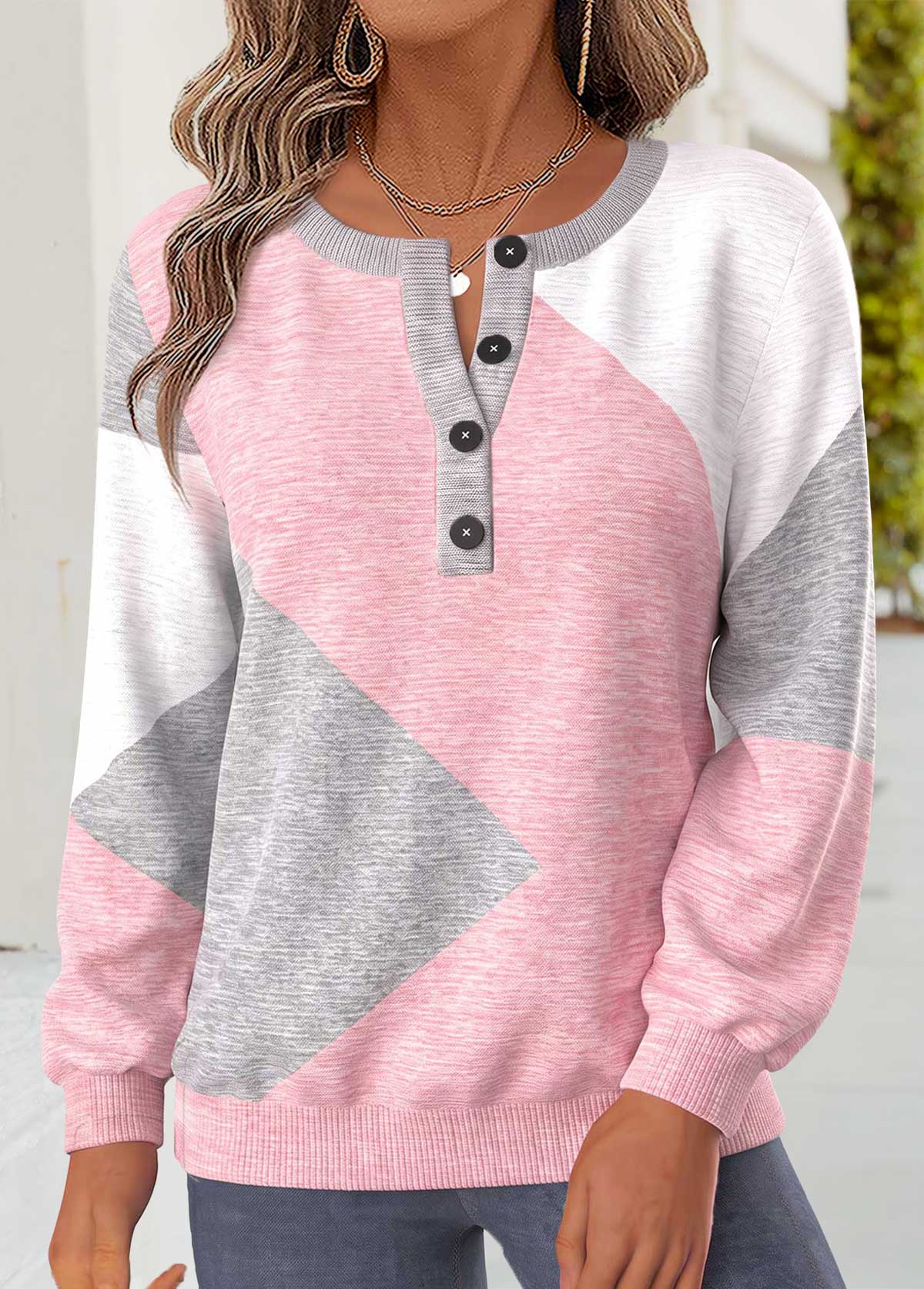 Modlily Multi Color Geometric Print Tummy Coverage Long Sleeve Sweatshirt - M
