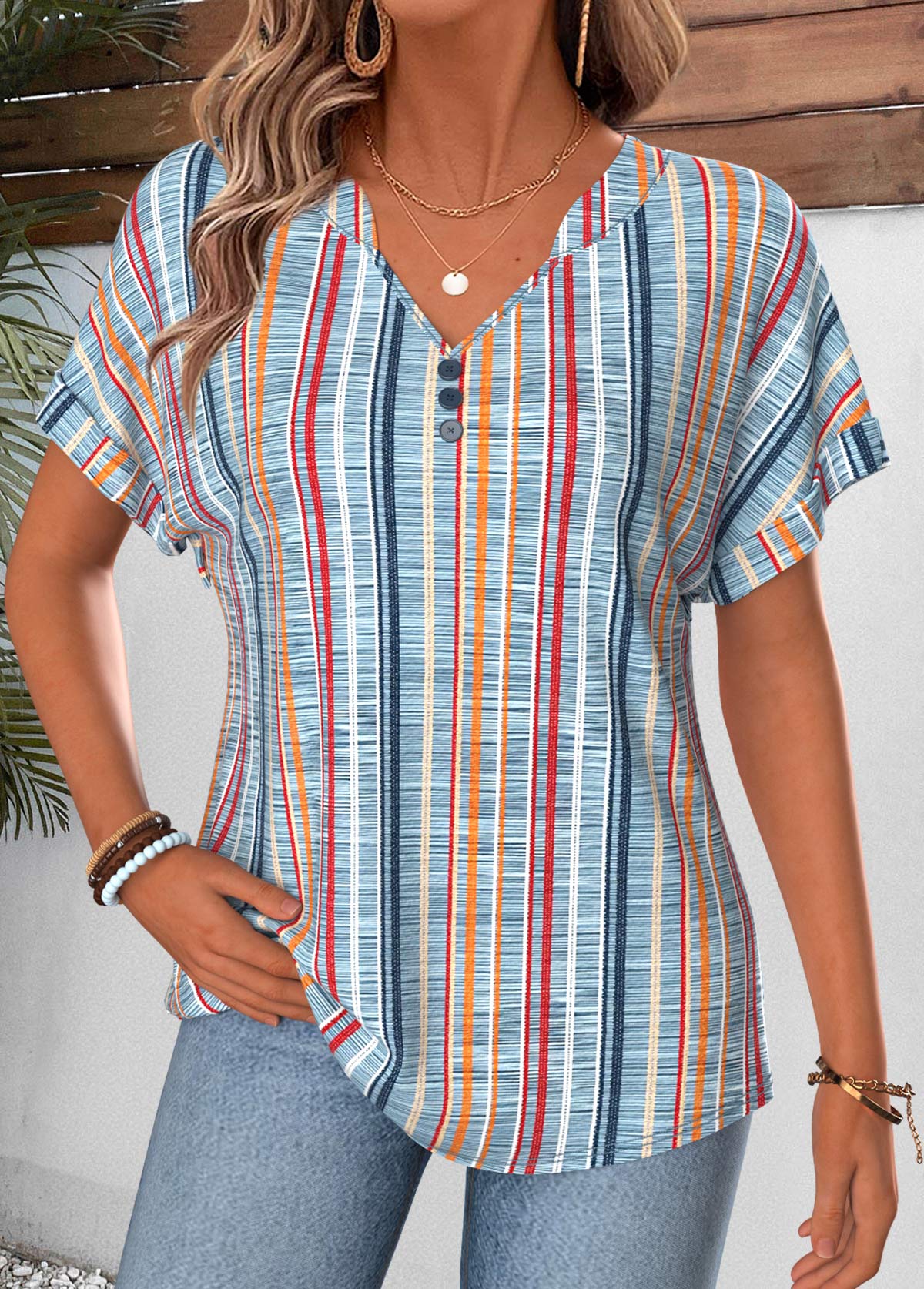 Modlily Multi Color Geometric Print Tummy Coverage T Shirt - S