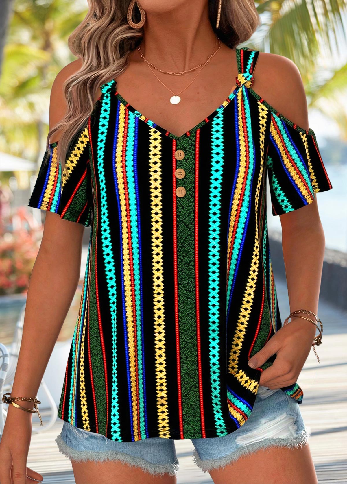 Modlily Multi Color Geometric Print Twist Short Sleeve T Shirt - M