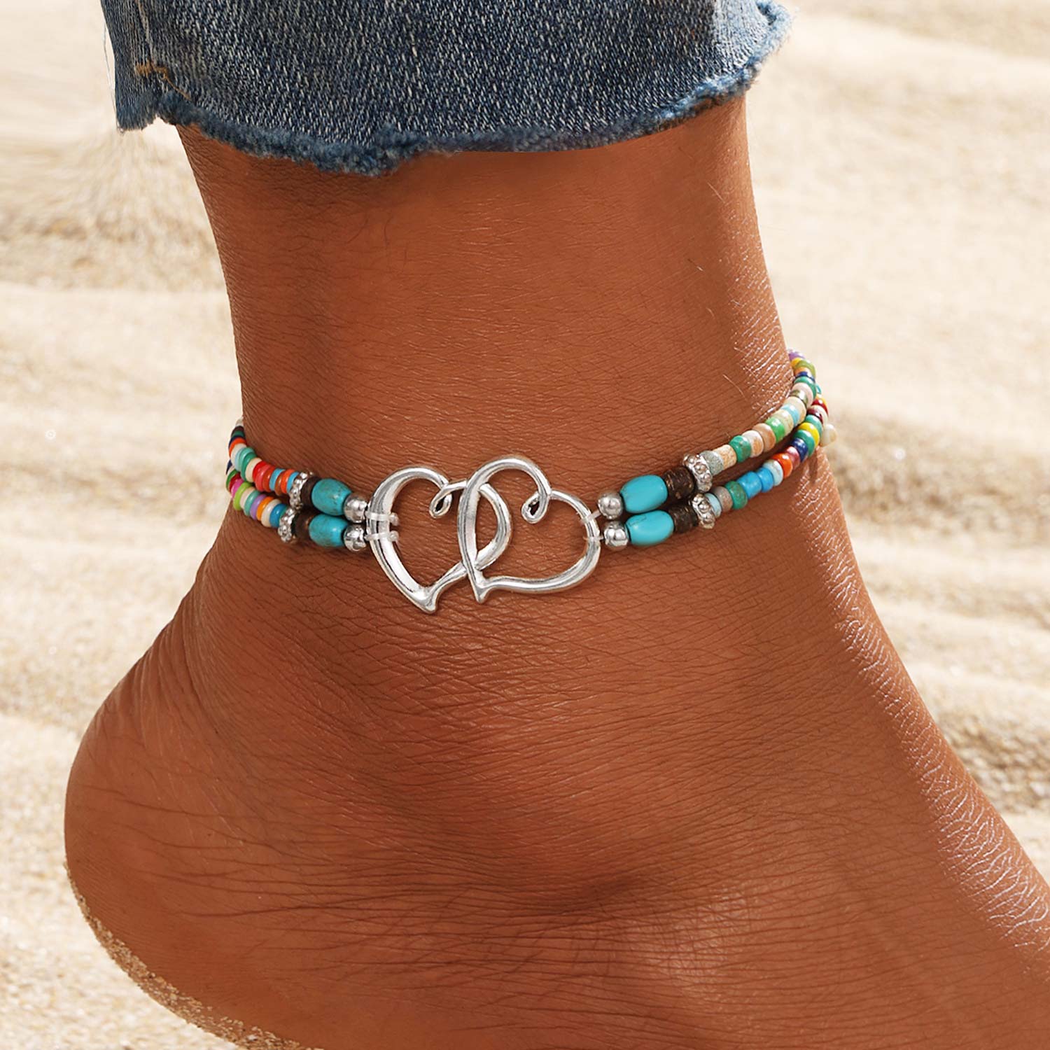 Modlily Multi Color Heart Beaded Alloy Anklet - One Size