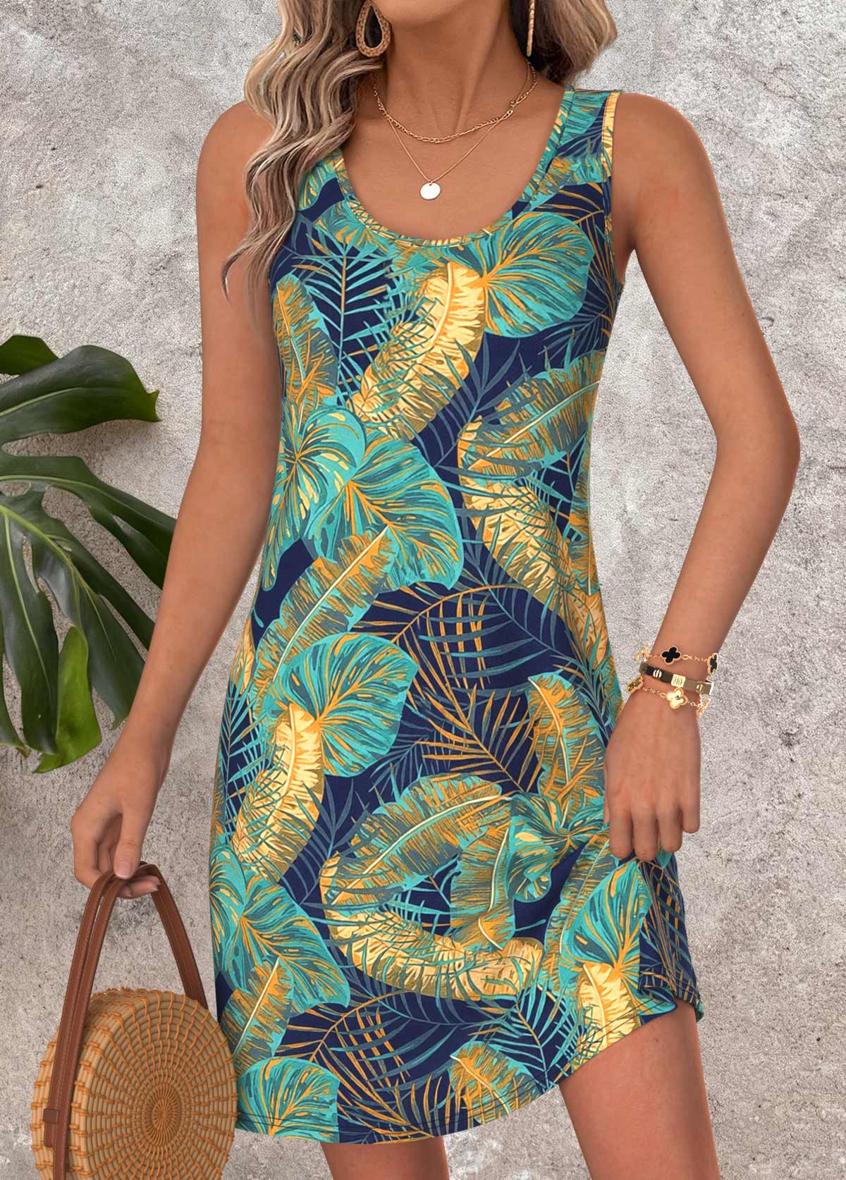 Modlily Multi Color Leaf Print Short Sleeveless Scoop Neck Dress - S