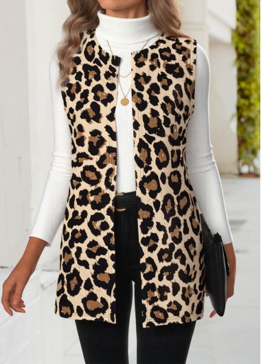 Modlily Multi Color Leopard Sleeveless Round Neck Waistcoat - S