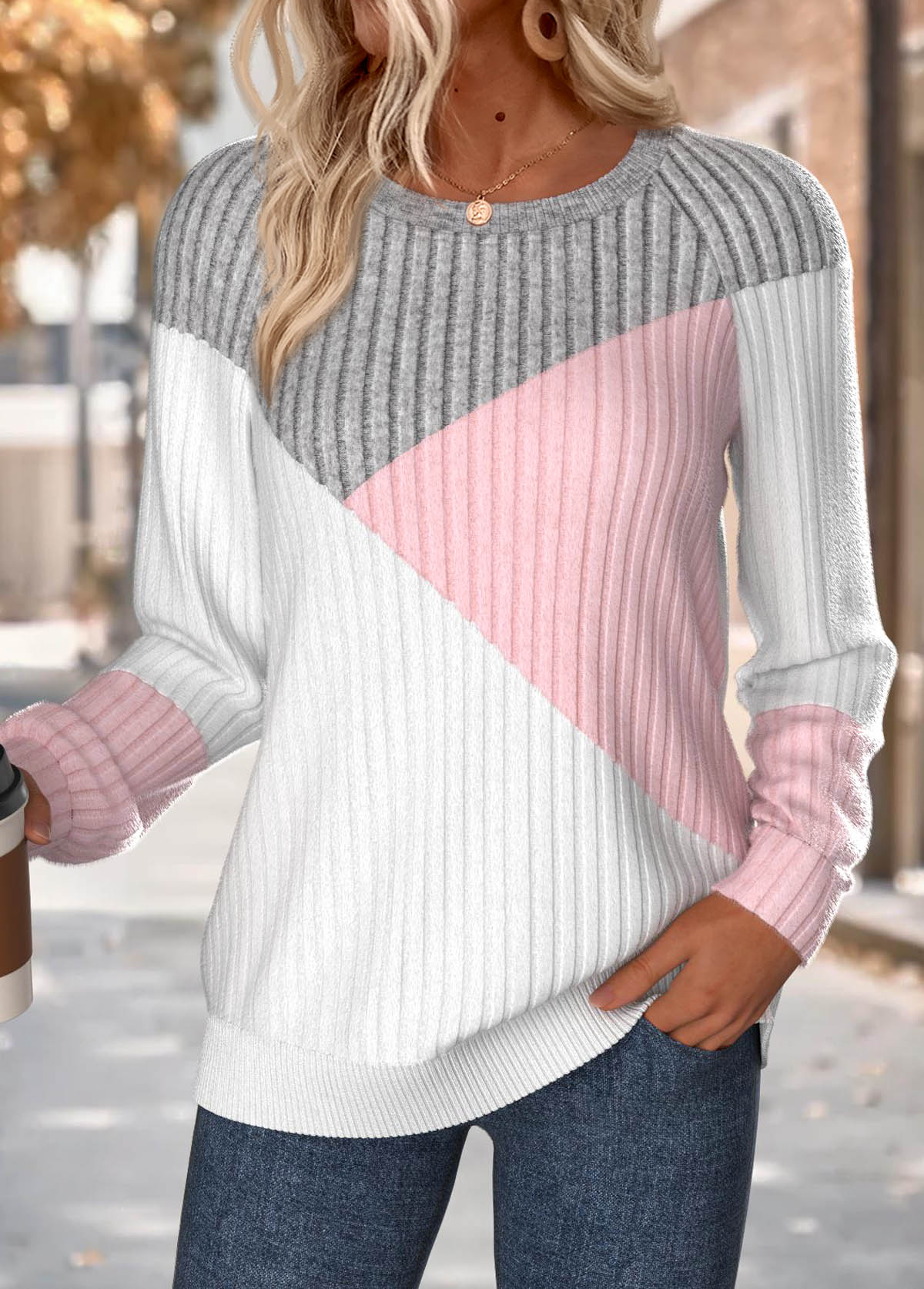 Modlily Multi Color Long Sleeve Round Neck Contrast Color Sweatshirt - S