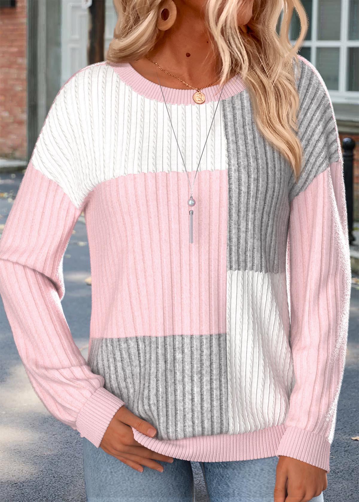 Modlily Multi Color Long Sleeve Round Neck Rib Sweatshirt - M