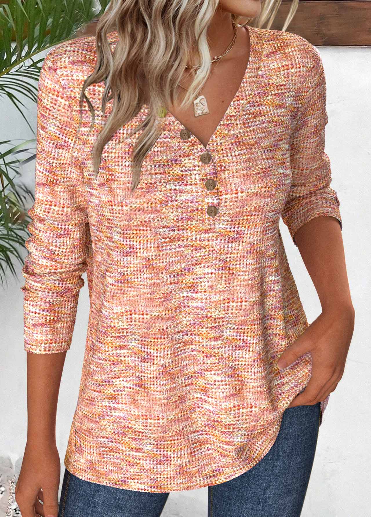 Modlily Multi Color Long Sleeve V Neck T Shirt - L