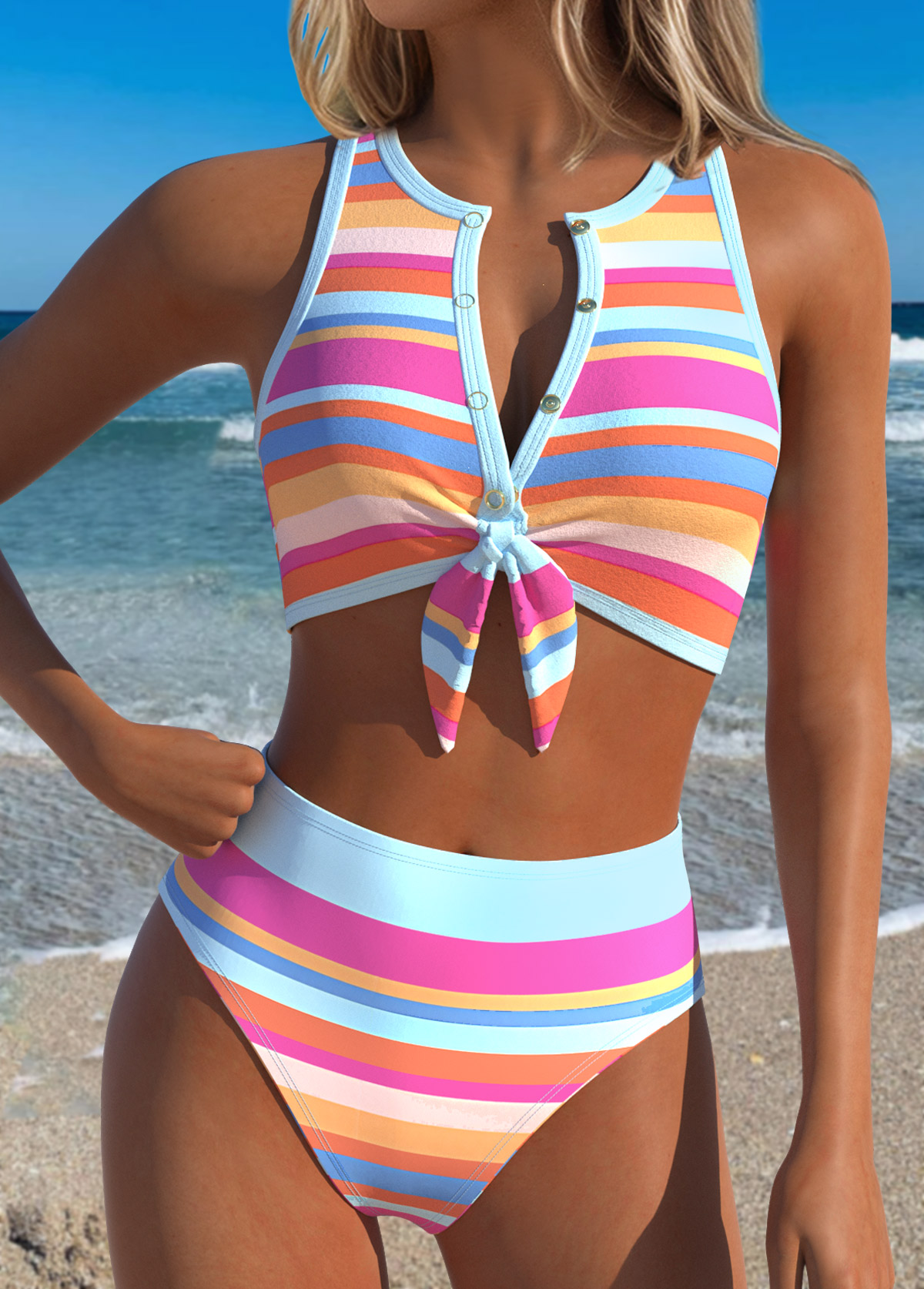 Modlily Multi Color Mid Waisted Two-piece Striped Bikini Set - XS