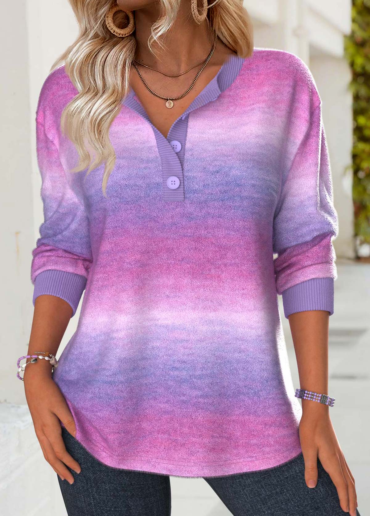 Modlily Multi Color Ombre Long Sleeve Split Neck Sweatshirt - L