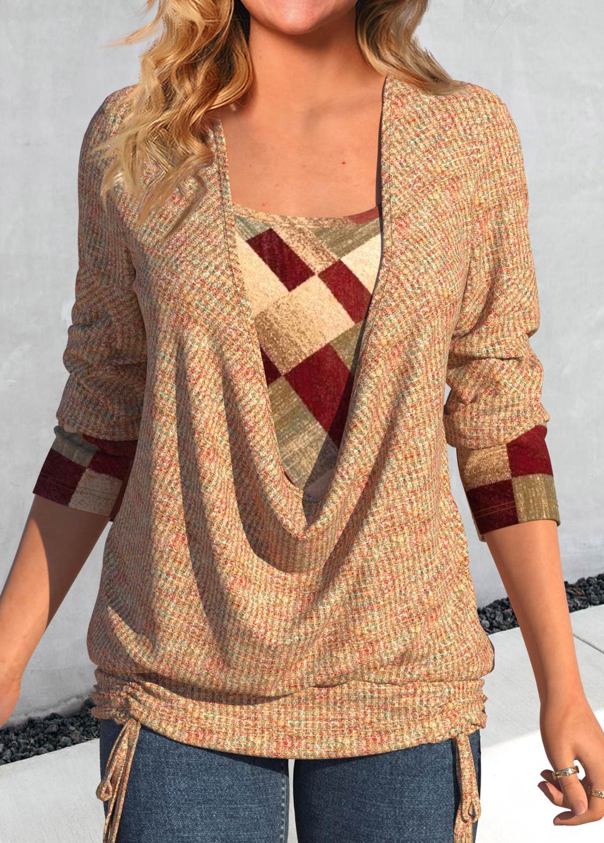 Modlily Multi Color Patchwork Geometric Print Long Sleeve Sweatshirt - S