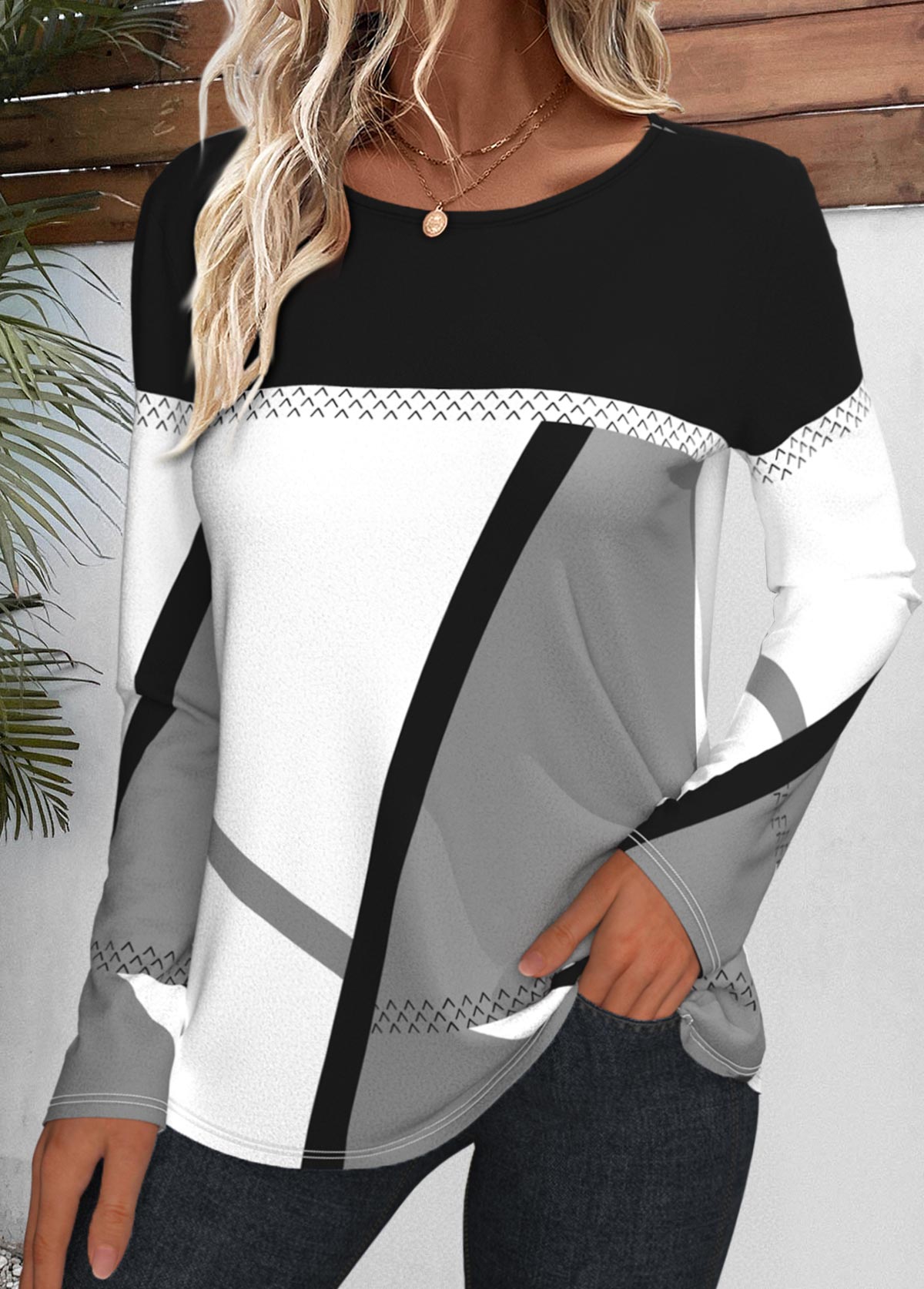 Modlily Multi Color Patchwork Geometric Print Long Sleeve T Shirt - M