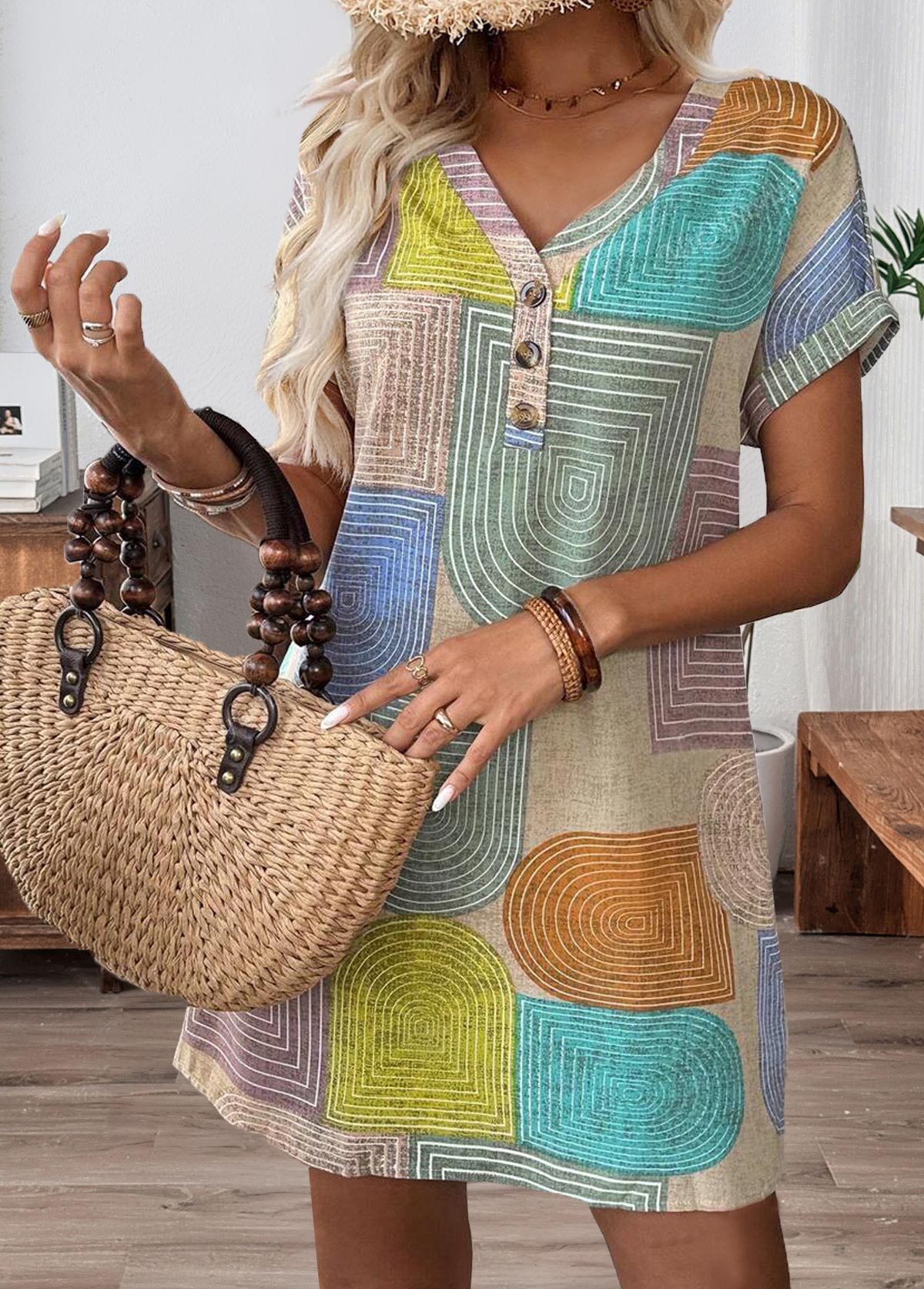 Modlily Multi Color Patchwork Geometric Print Short V Neck Dress - S