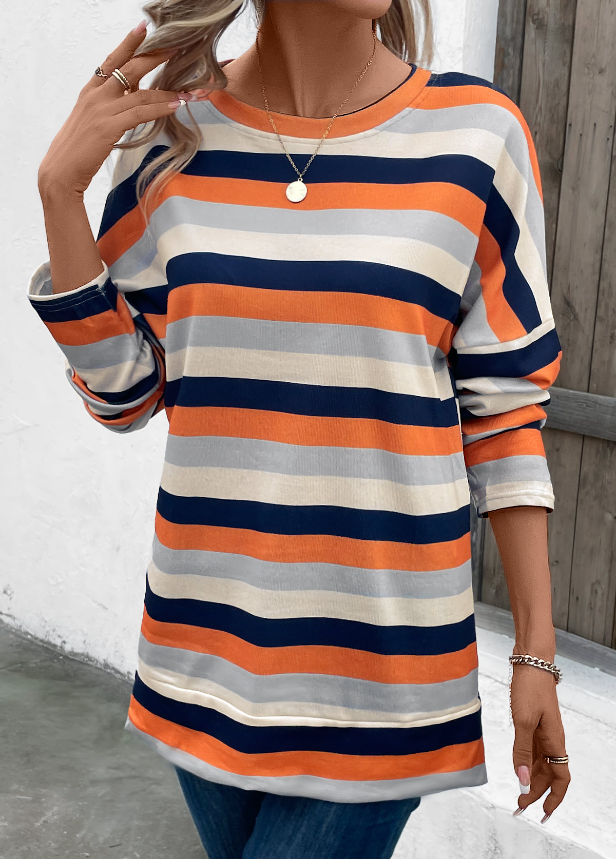 Modlily Multi Color Patchwork Striped Long Sleeve T Shirt - L