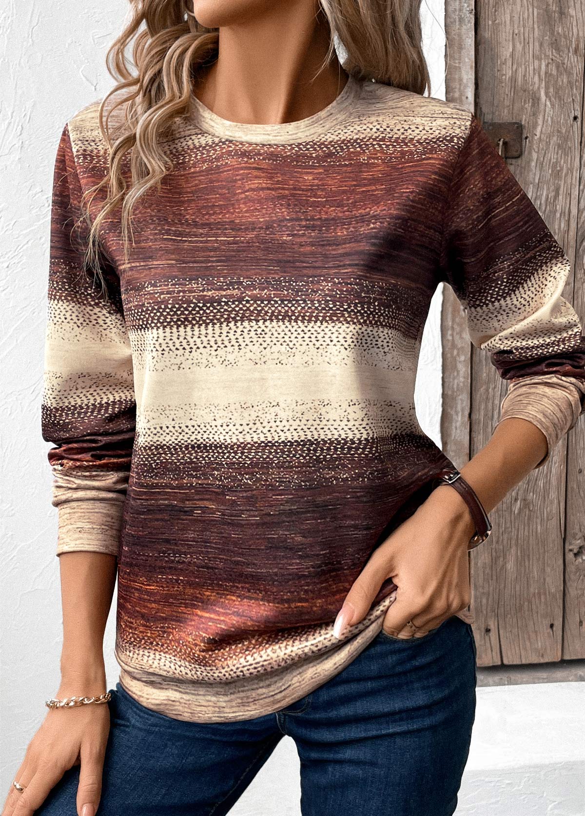 Modlily Multi Color Patchwork Tribal Long Sleeve Round Neck Sweatshirt - S